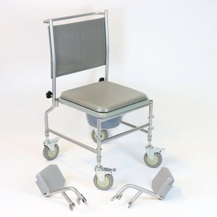 Demonstration of removing the commode pan or adjusting the height on NRS Height Adjustable Wheeled Commode.