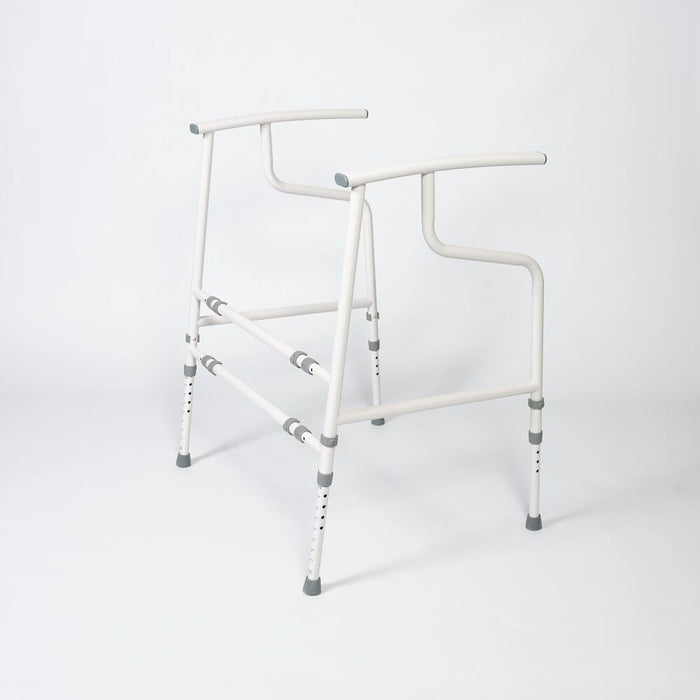 Diagram or packaging of NRS Nuvo Open Back Toilet Frame highlighting dimensions or features.
