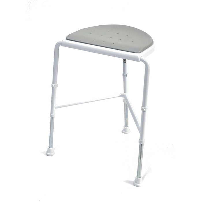 Side view of NRS NUVO Padded Corner Shower Stool highlighting the lightweight aluminium legs and non-slip ferrules.