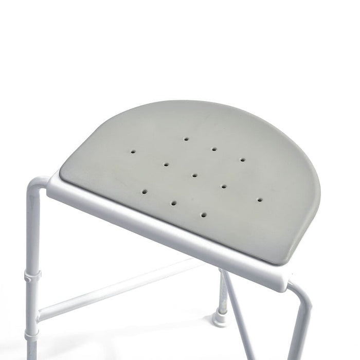 Close-up of a leg on NRS NUVO Padded Corner Shower Stool shower stool, showing the height adjustment holes and rubber ferrule.