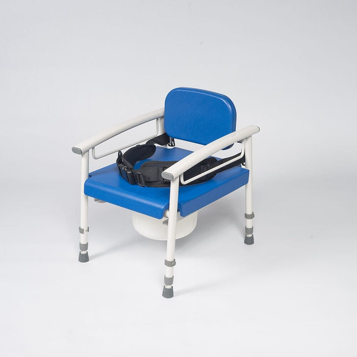 Close-up of NRS Nuvo Petite Height Adjustable Childrens Commode seat ring and supportive arms, showing comfort and stability.