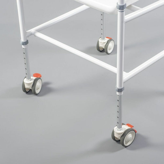 Side view of NRS NUVO Shower Chair highlighting the seat height, optional armrests and sturdy aluminium legs.