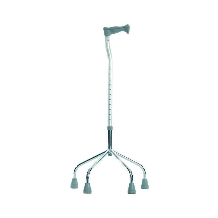 Full view of NRS Quad Base Walking Stick walking stick on a plain background, showing its handle, shaft and ferrule.