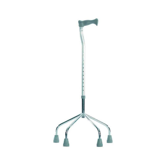 Full view of NRS Quad Base Walking Stick walking stick on a plain background, showing its handle, shaft and ferrule.
