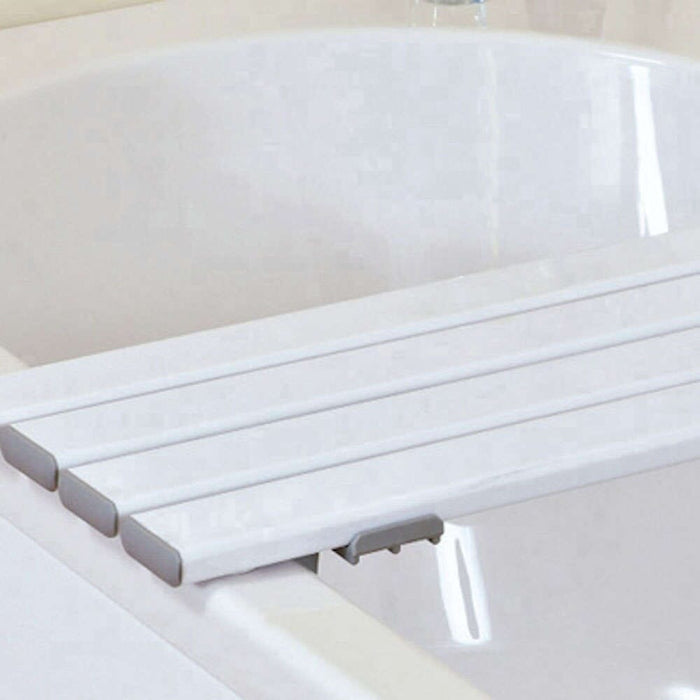 Full view of NRS Slatted Bath Board bath board showing slatted seat, integral handle and adjustable brackets on a plain background.