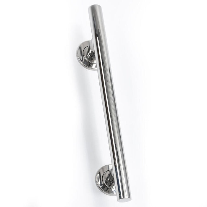 Full view of NRS SPA Stainless Steel Grab Rail-Straight grab rail with circular wall plates and a textured grip, designed to provide support in bathrooms and other areas.