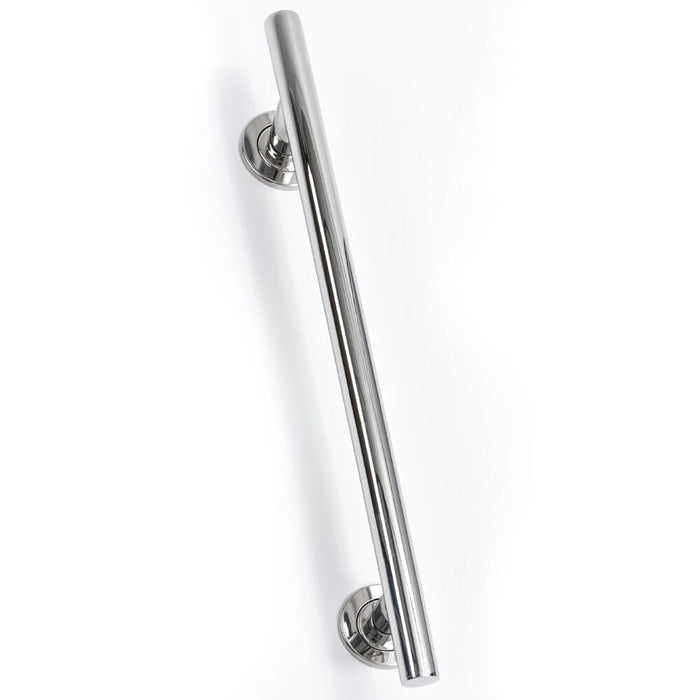 Full view of NRS SPA Stainless Steel Grab Rail-Straight grab rail with circular wall plates and a textured grip, designed to provide support in bathrooms and other areas.