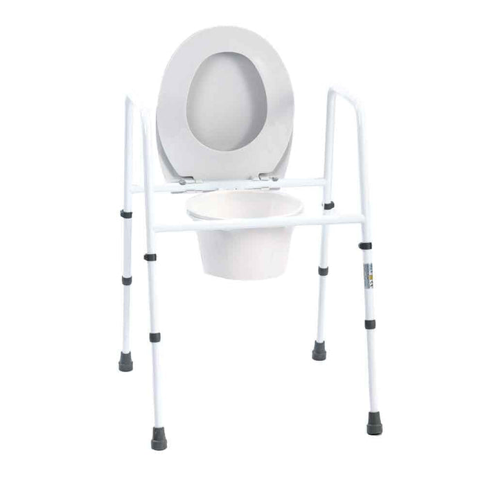 Close-up of NRS Spare Commode Pan for Height Adjustable Toilet Frame with Seat seat ring and supportive arms, showing comfort and stability.