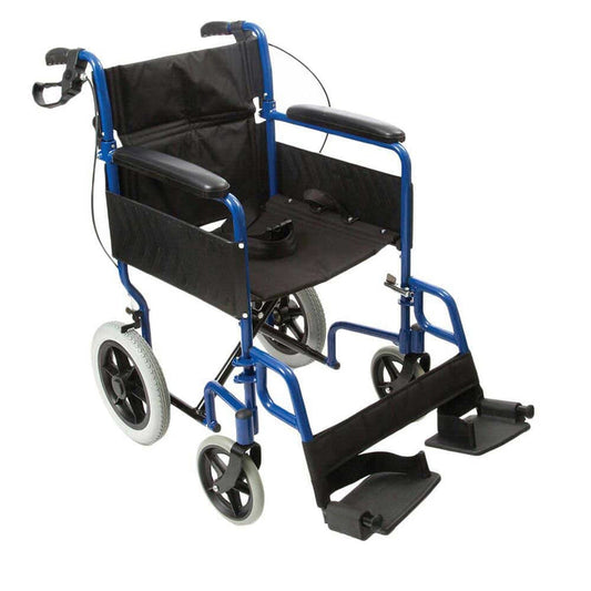 Image of NRS Transit-Lite Attendant Controlled Wheelchair on a plain background.