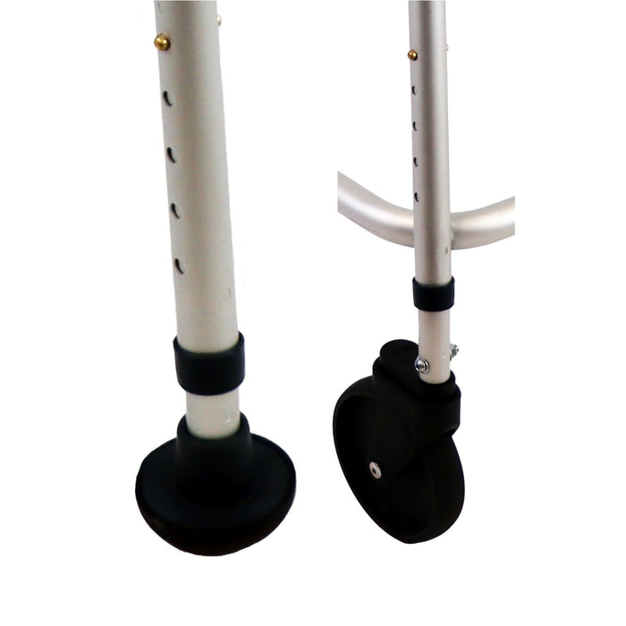 Close-up of the adjustable leg on NRS Walk Safe Walking Frame, showing height settings and rubber ferrule.