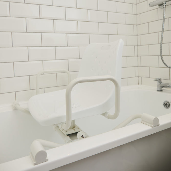 Diagram or packaging of NRS Width Adjustable Swivel Bath Seat highlighting dimensions or features.