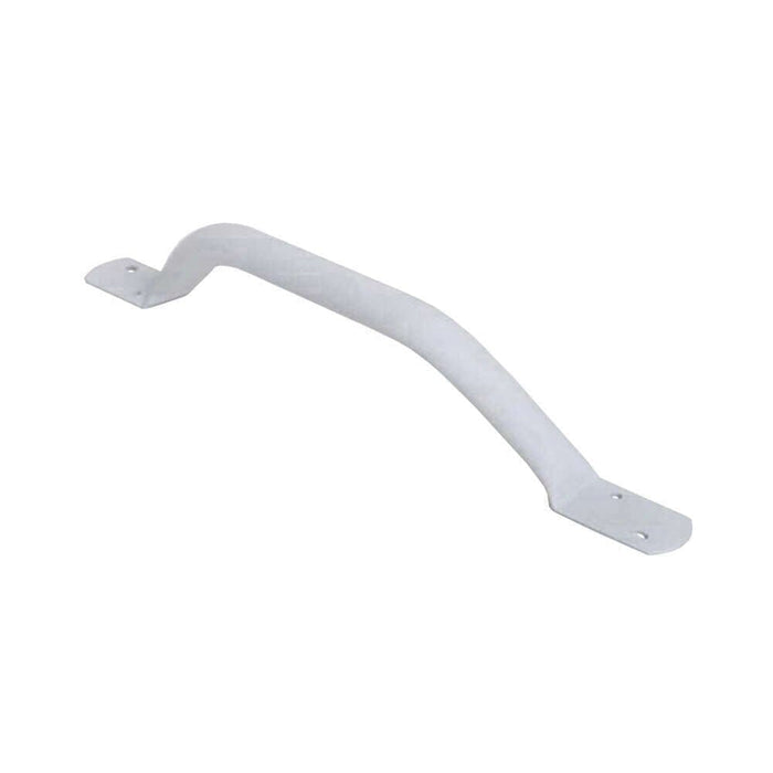 Full view of Offset Steel Grab Rail grab rail with circular wall plates and a textured grip, designed to provide support in bathrooms and other areas.