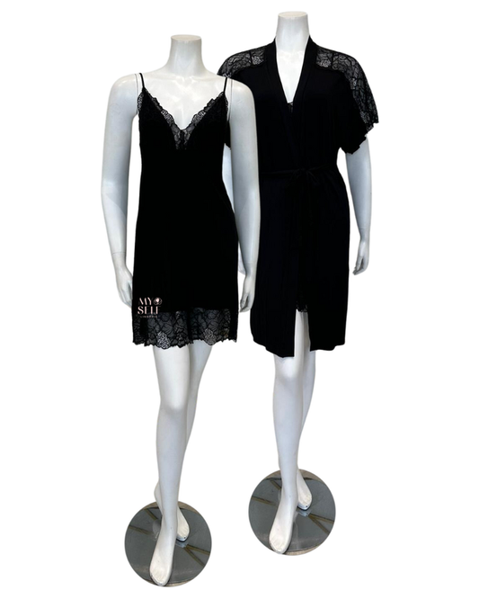 Oh! Zuza 4014 + 4015 Black Sheer Lace Modal Chemise & Wrap Set myselflingerie.com