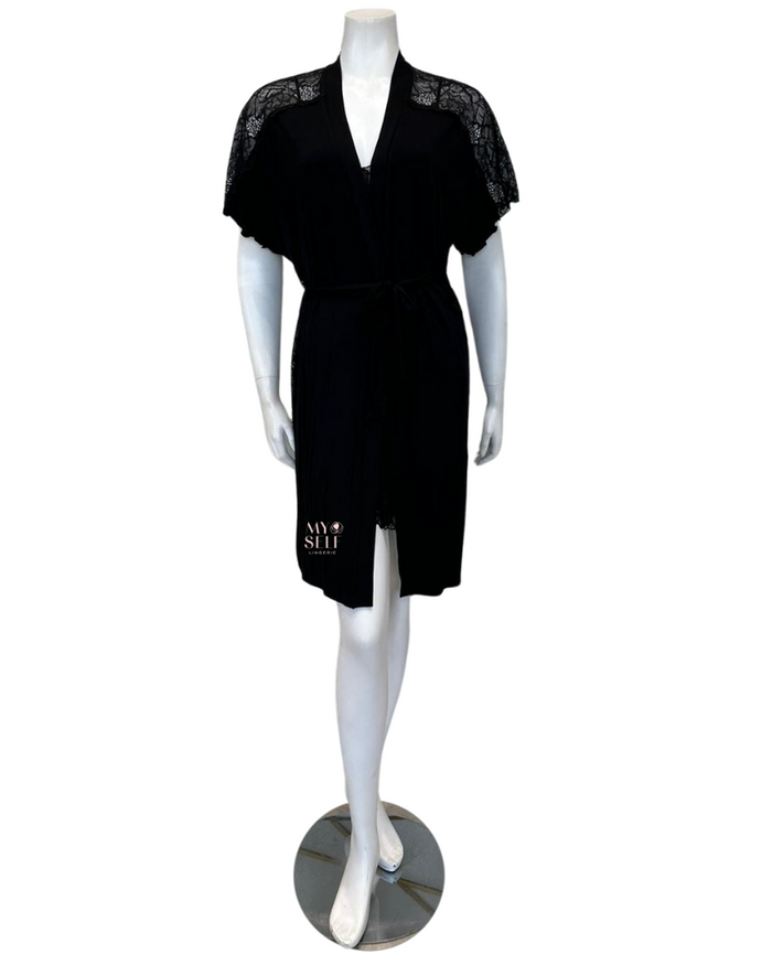 Oh! Zuza 4014 + 4015 Black Sheer Lace Modal Chemise & Wrap Set myselflingerie.com
