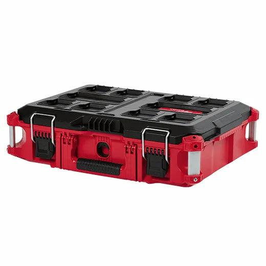 Milwaukee PACKOUT modular tool box with impact resistant polymer shell and metal latches