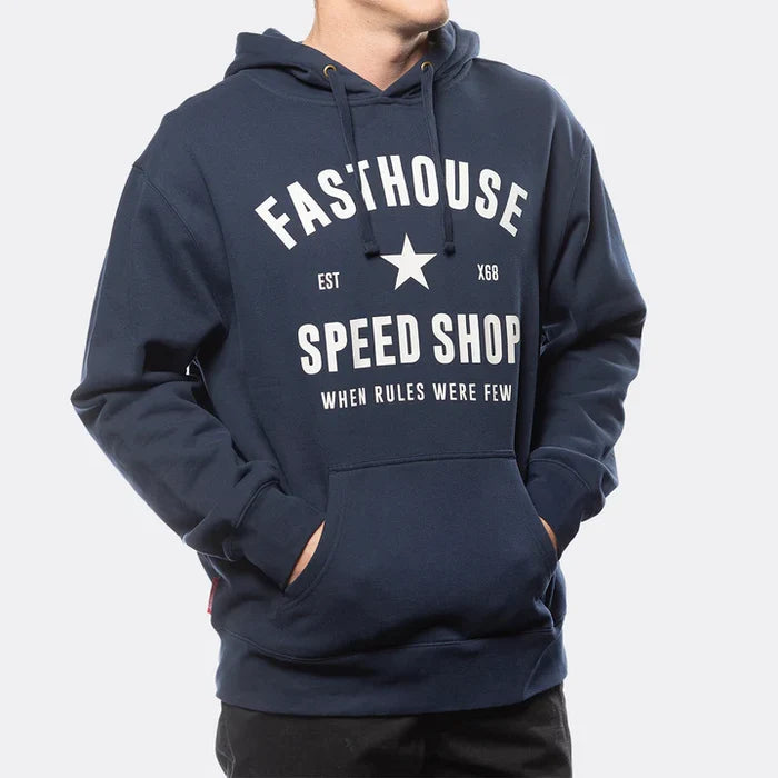 Fasthouse Paragon hooded pullover in navy shown on a model