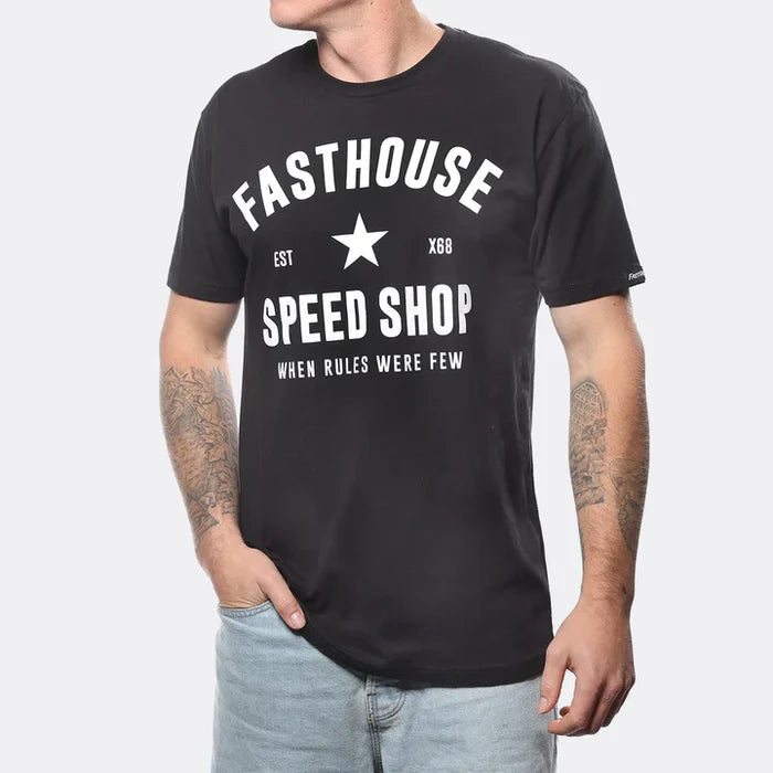 Fasthouse Paragon short sleeve tee in black shown on a model