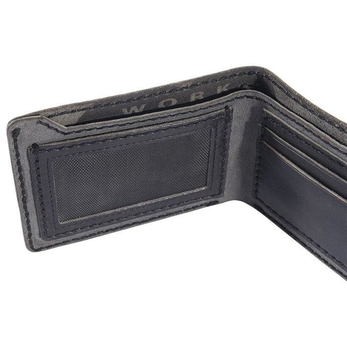 Carhartt Patina leather bifold wallet in black, additional view of the leather grain