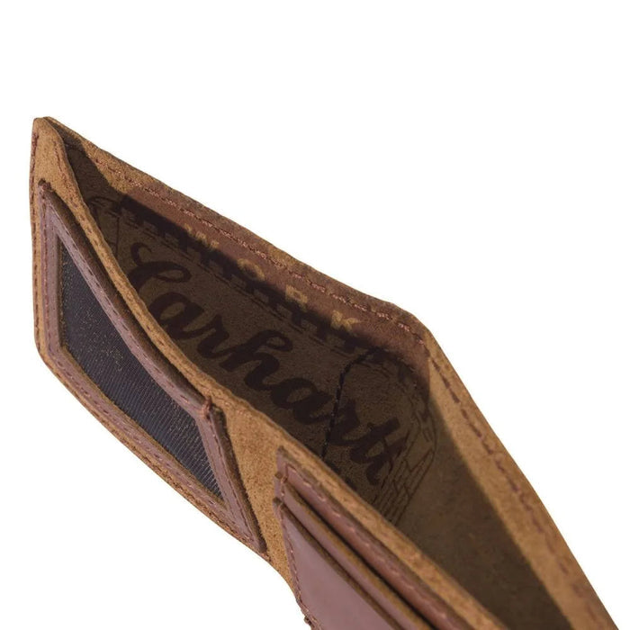 Carhartt brown Patina leather bifold wallet, alternate view of the interior