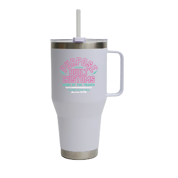 Purpose-Built Customs 40 ounce quencher tumbler in white