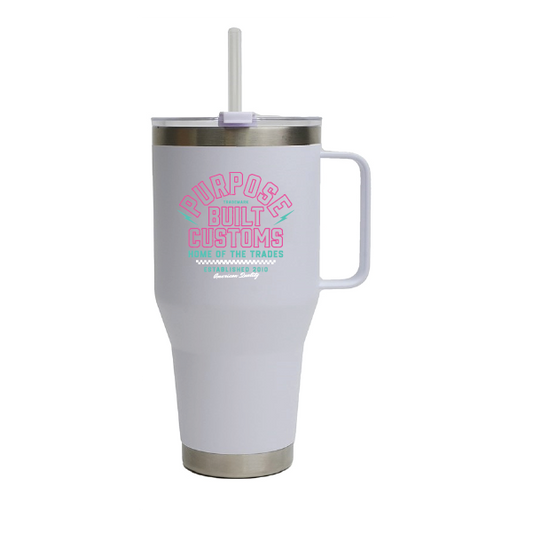 Purpose-Built Customs 40 ounce quencher tumbler in white
