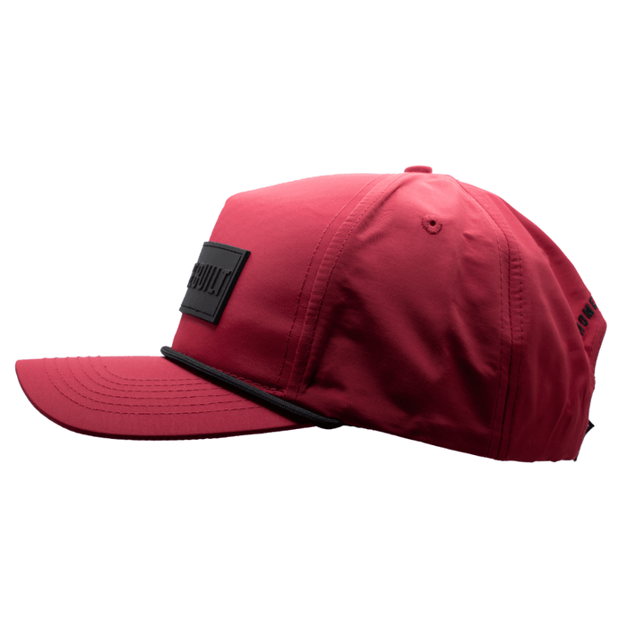 Purpose-Built rubber patch water resistant hat in ruby, side view