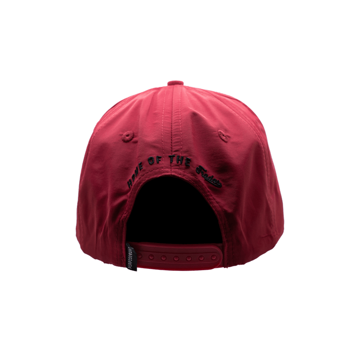 Purpose-Built rubber patch water resistant hat in ruby, back view