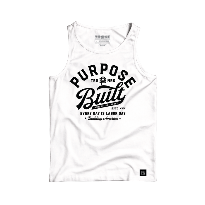 Purpose-Built script logo tank top in white, big and tall sizing