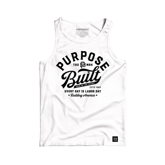 Purpose-Built script logo tank top in white, big and tall sizing