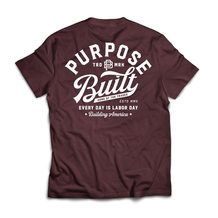 Purpose-Built script logo graphic tee in maroon, big and tall sizing