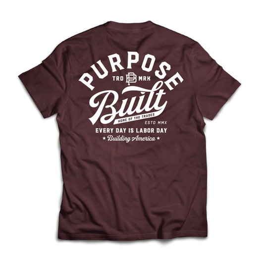 Purpose-Built script logo graphic tee in maroon, big and tall sizing