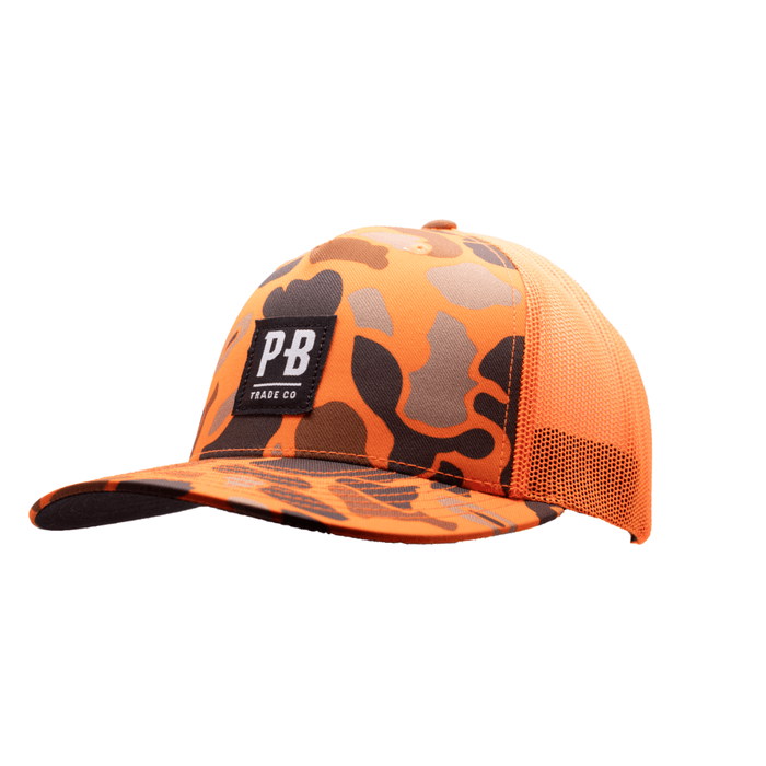 Purpose-Built PB Stadium snapback hat in blaze and camo, left three-quarter view