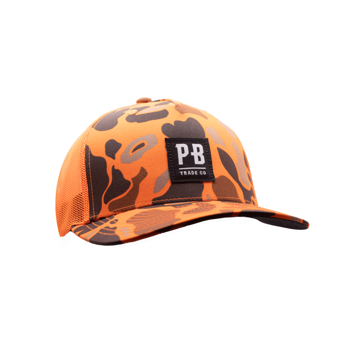 Purpose-Built PB Stadium snapback hat in blaze and camo, right three-quarter view