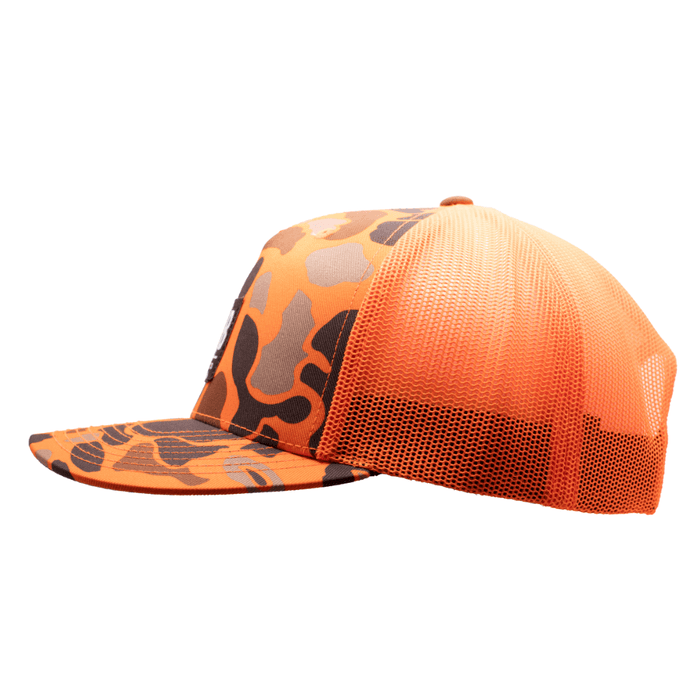 Purpose-Built PB Stadium snapback hat in blaze and camo, side view