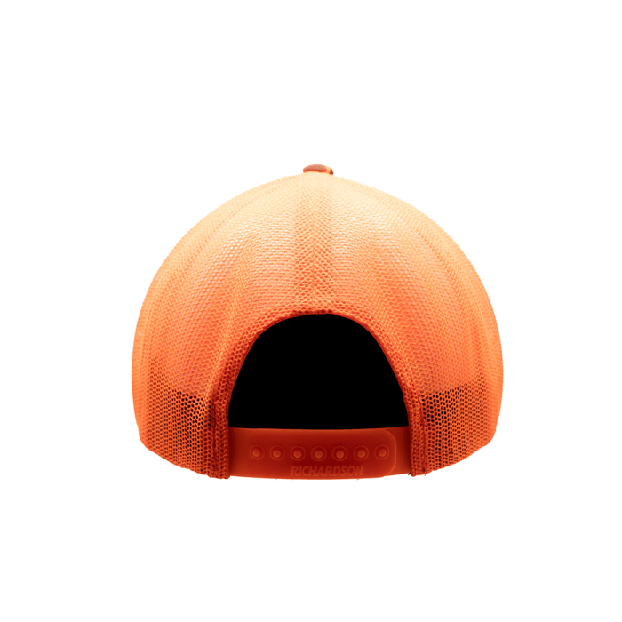 Purpose-Built PB Stadium snapback hat in blaze and camo, back view of the snap closure