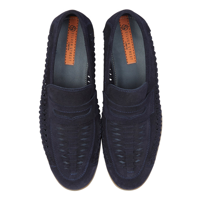 Perth Suede Leather Woven Loafers - Navy