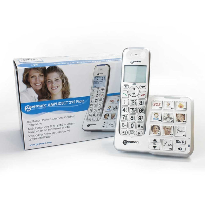 Packaging for PhotoDECT Big Button Cordless Photophone mobile phone with branding and key features.