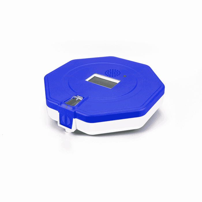 Diagram or packaging of Pippa Tipper Automatic Lockable Pill Dispenser highlighting dimensions or features.