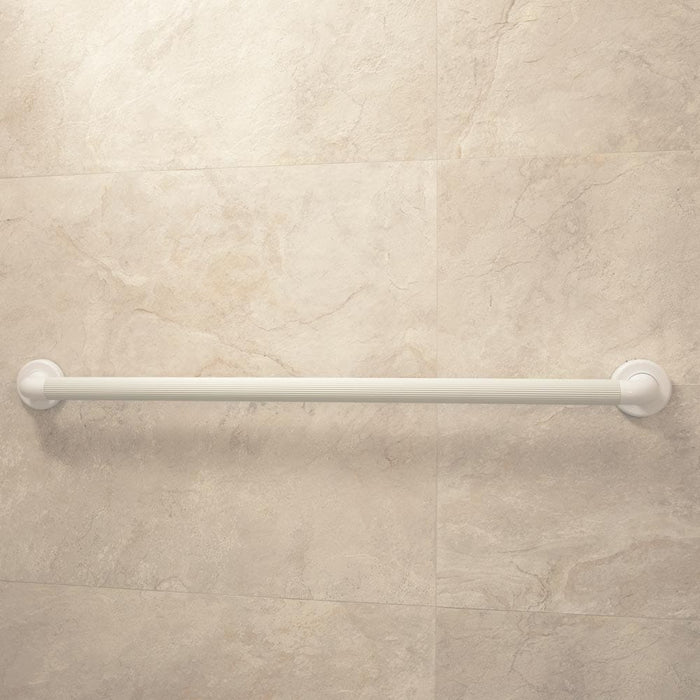 Full view of Plastic Fluted Grab Rail-915mm 36 grab rail with circular wall plates and a textured grip, designed to provide support in bathrooms and other areas.