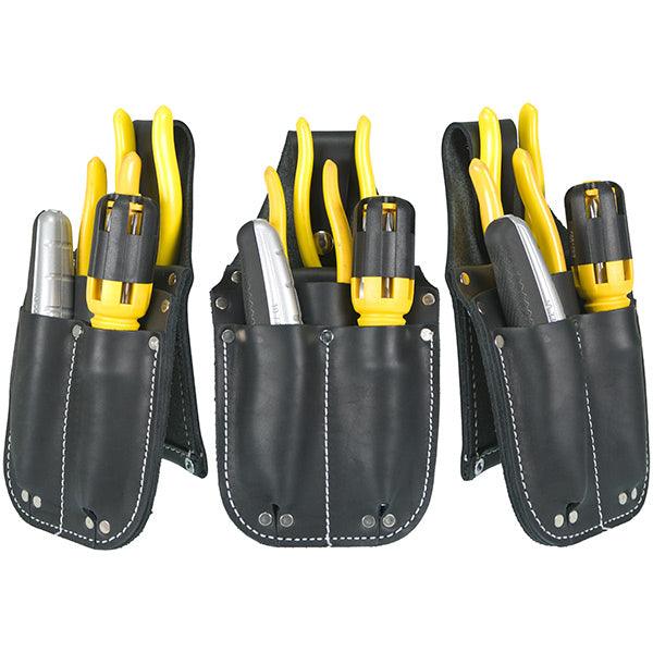 Three Occidental Leather Pocket Caddy tool pouches in black shown together as a set