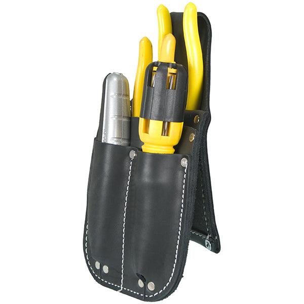Right front view of the Occidental Leather Pocket Caddy tool pouch in black leather