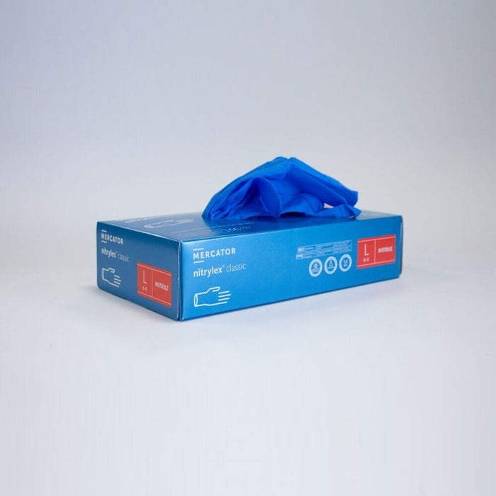 Pair of Powder Free Blue Disposable Nitrile Gloves arthritis gloves on a plain background, showing the open-finger design and stretchy fabric.