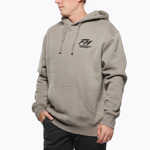 Fasthouse Primer hooded pullover in warm gray shown on a model, front view