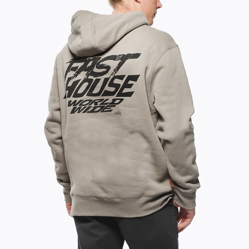 Fasthouse Primer hooded pullover in warm gray shown on a model, back view