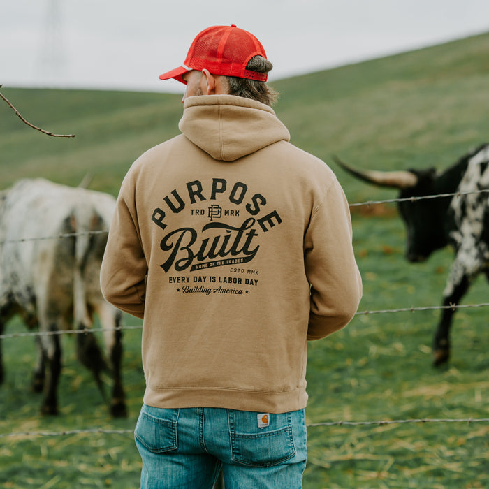 Purpose-Built script hoodie in sand shown worn
