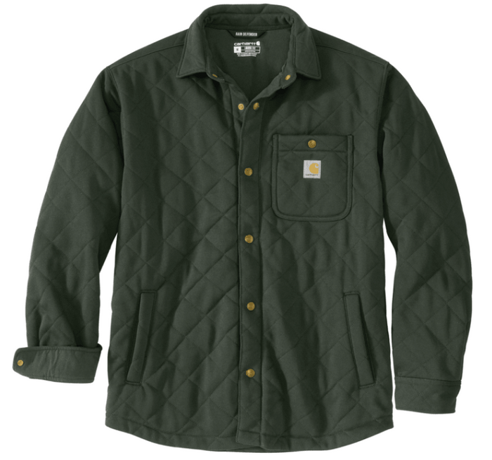 Carhartt Rain Defender loose fit heavyweight quilted snap front shirt jacket in forestry green