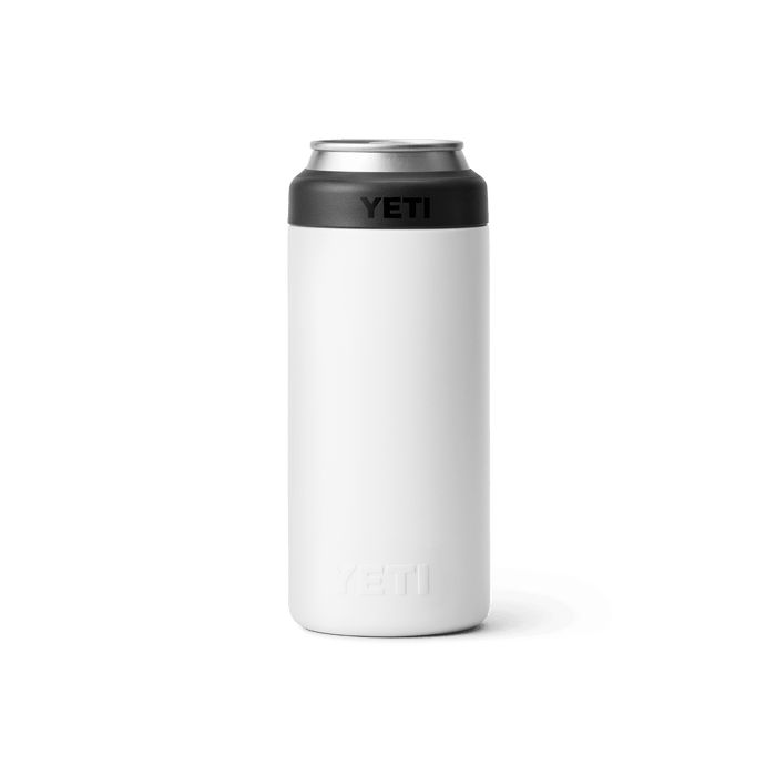 Back view of the white YETI Colster Slim can cooler showing the stainless steel body