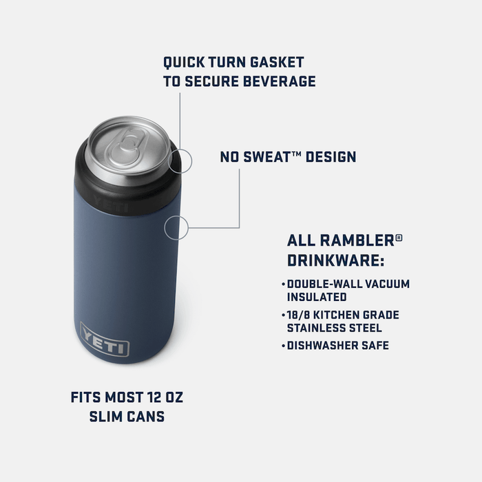 Specifications panel for the YETI Colster Slim 12 oz can cooler with dimensions