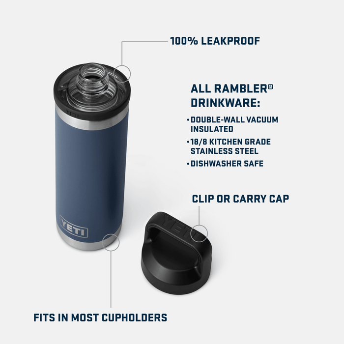 Specifications panel for the YETI Rambler 18 oz bottle listing dimensions and capacity