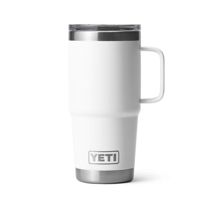 YETI Rambler 20 oz travel mug in white, front view with Stronghold lid and handle